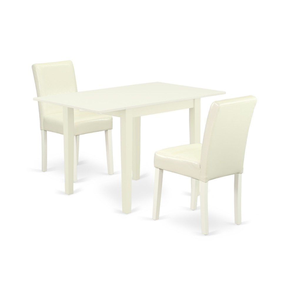 Dining Set 3 Pc, 2 Chairs, Table, Linen White Finish Hardwood, White Color Pu Leather