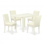 Wooden Dining Set 5 Pc, Four Parson Chairs, Table, Linen White Finish Wood, White Color Pu Leather