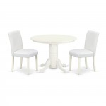 3Pc Round 42" Dining Table, Pair Of Parson Chair, Linen White Leg, Pu Leather Color White