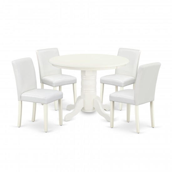 5Pc Rounded 42" Dining Table, Four Parson Chair, White Leg, Pu Leather Color White