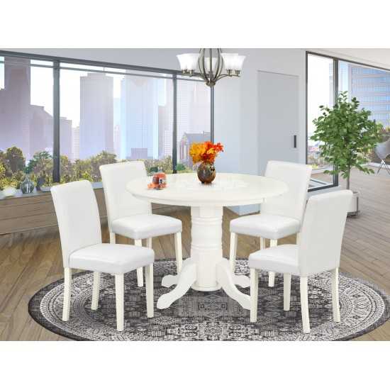 5Pc Rounded 42" Dining Table, Four Parson Chair, White Leg, Pu Leather Color White