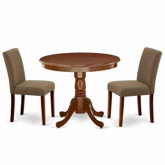3Pc Rounded 36" Dinette Table, Two Parson Chair, Mahogany Leg, Fabric Coffee