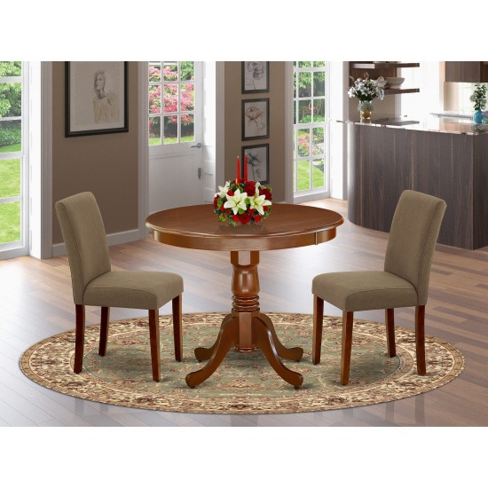 3Pc Rounded 36" Dinette Table, Two Parson Chair, Mahogany Leg, Fabric Coffee
