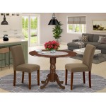 3Pc Round 42" Dining Table, Two 9-Inch Drop Leaves, 2 Parson Chair, Mahogany Leg, Coffee