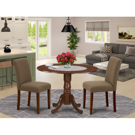 3Pc Round 42" Dining Table, Two 9-Inch Drop Leaves, 2 Parson Chair, Mahogany Leg, Coffee