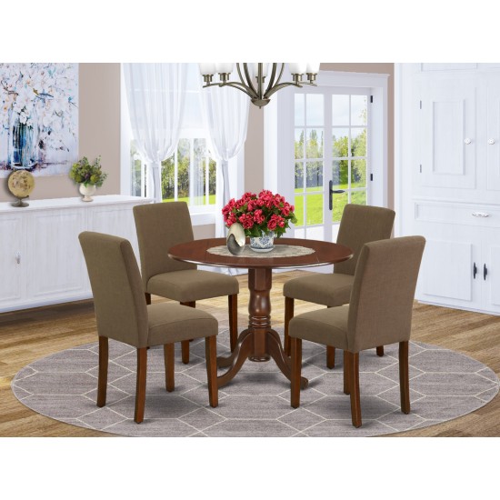 5Pc Round 42" Kitchen Table, Two 9-Inch Drop Leaves, Four Parson Chair, Mahogany Leg, Coffee