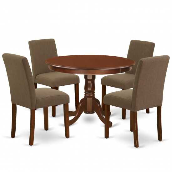 5Pc Round 42" Dinette Table, Four Parson Chair, Mahogany Leg, Fabric Coffee