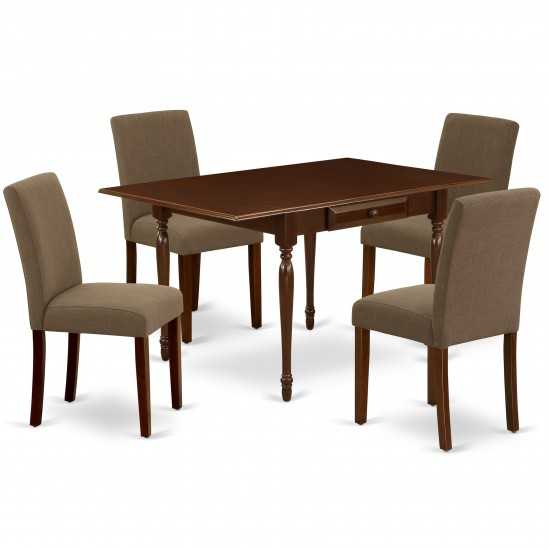 5Pc Dining Set, Wood Table, 4 Parson Chairs, Coffee Color, Drop Leaf Table, Mahogany