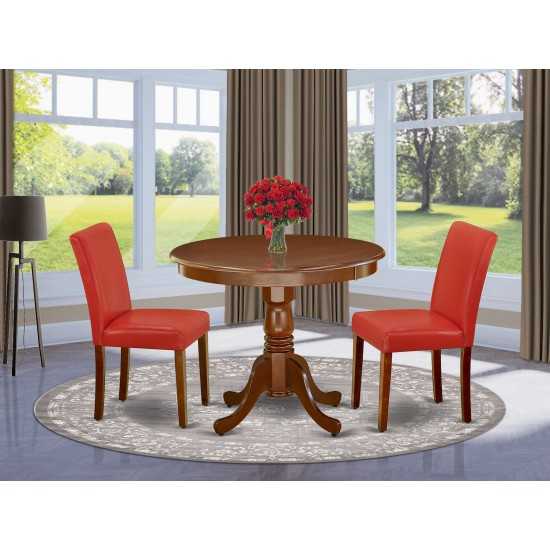 3Pc Rounded 36" Dinette Table, Two Parson Chair, Mahogany Leg, Pu Leather Color Firebrick Red