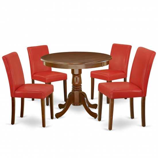 5Pc Round 36" Table, 4 Parson Chair, Mahogany Leg, Pu Leather Color Firebrick Red