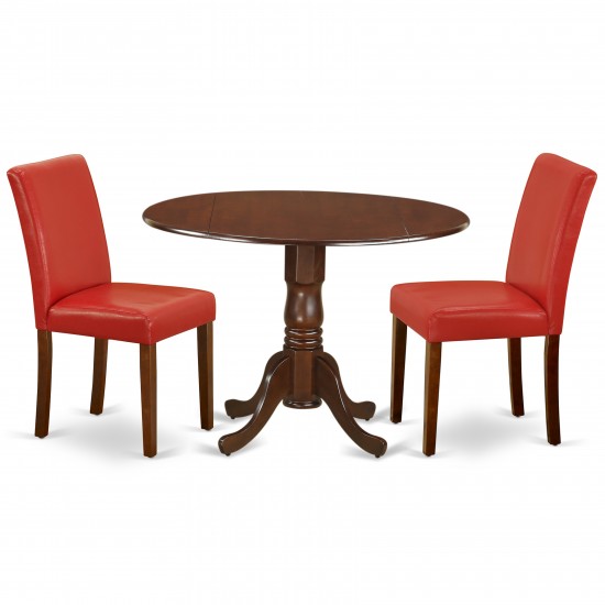 3Pc Round 42" Dining Table, Two 9-Inch Drop Leaves, 2 Parson Chair, Mahogany Leg, Pu Leather Color Firebrick Red