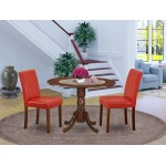 3Pc Round 42" Dining Table, Two 9-Inch Drop Leaves, 2 Parson Chair, Mahogany Leg, Pu Leather Color Firebrick Red