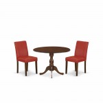 3 Pc Kitchen Set, 1 Drop Leaves Dining Table, 2 Firebrick Red Pu Leather Upholstered Chair, High Back, Mahogany Finish