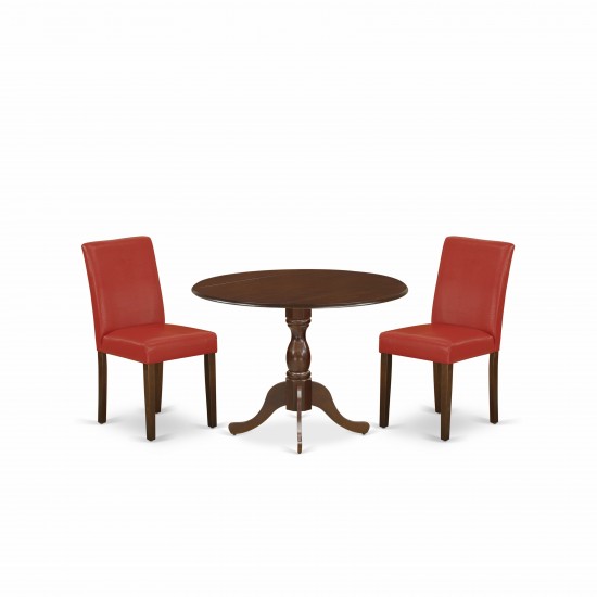 3 Pc Kitchen Set, 1 Drop Leaves Dining Table, 2 Firebrick Red Pu Leather Upholstered Chair, High Back, Mahogany Finish