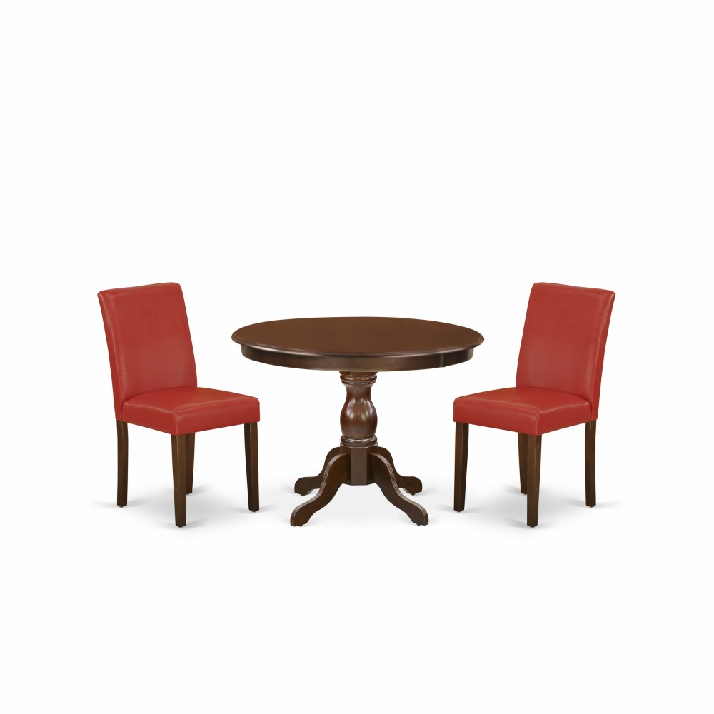 3 Pc Table, Chairs Dining Set, Mahogany Dinner Table, 2 Firebrick Red Pu Leather Chairs, High Back, Mahogany