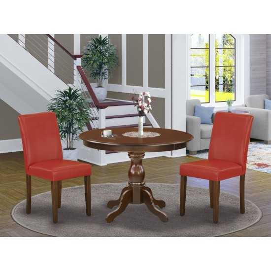 3 Pc Table, Chairs Dining Set, Mahogany Dinner Table, 2 Firebrick Red Pu Leather Chairs, High Back, Mahogany