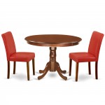 3Pc Round 42" Kitchen Table, 2 Parson Chair, Mahogany Leg, Pu Leather Color Firebrick Red