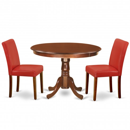 3Pc Round 42" Kitchen Table, 2 Parson Chair, Mahogany Leg, Pu Leather Color Firebrick Red