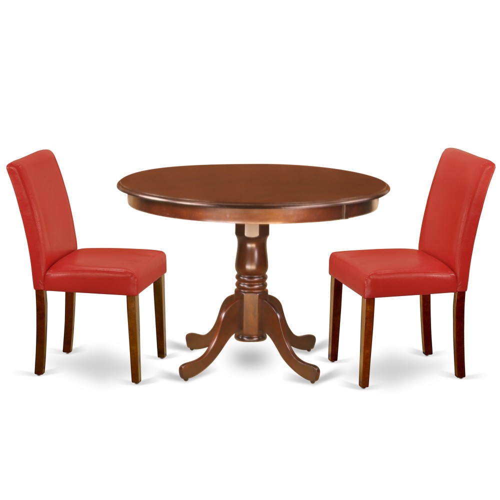 3Pc Round 42" Kitchen Table, 2 Parson Chair, Mahogany Leg, Pu Leather Color Firebrick Red