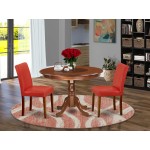 3Pc Round 42" Kitchen Table, 2 Parson Chair, Mahogany Leg, Pu Leather Color Firebrick Red