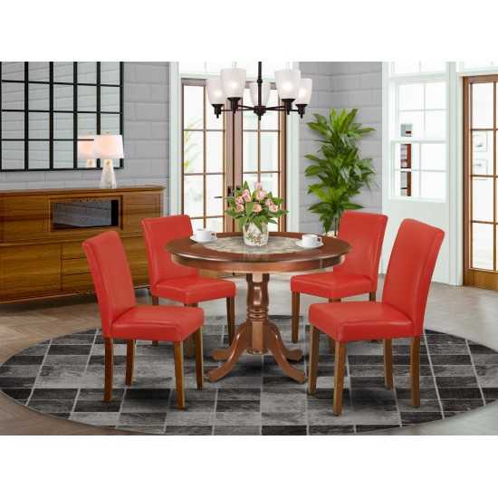 5Pc Round 42" Dinette Table, Four Parson Chair, Mahogany Leg, Pu Leather Color Firebrick Red