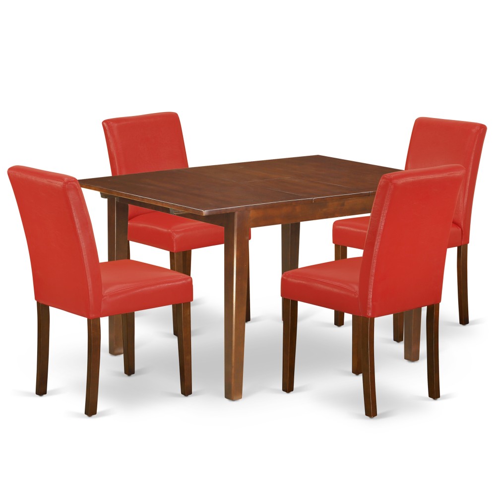 5Pc 42/54" Dining Table, 12 In Self Storing Butterfly Leaf, Four Parson Chair, Mahogany Leg, Pu Leather Color Firebrick Red