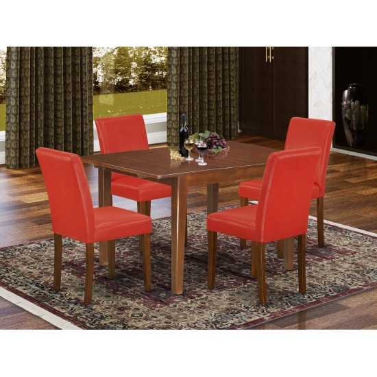 5Pc 42/54" Dining Table, 12 In Self Storing Butterfly Leaf, Four Parson Chair, Mahogany Leg, Pu Leather Color Firebrick Red