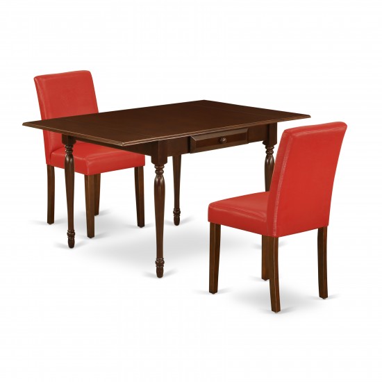 3Pc Dinette Sets For Small Spaces, Wood Dining Table, 2 Dining Chairs, Firebrick Red Color Pu Leather, Drop Leaf Table, Mahog