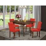 5Pc Dining Set For 4, Table, 4 Chairs, Firebrick Red Color Pu Leather, Drop Leaf Table, Mahogany