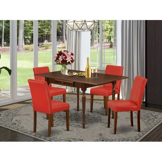 5Pc Dining Set For 4, Table, 4 Chairs, Firebrick Red Color Pu Leather, Drop Leaf Table, Mahogany