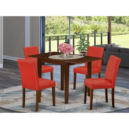 Dinette Set 5 Pc, Four Kitchen Chairs, Dining Table, Mahogany Finish Hardwood, Firebrick Red Color Pu Leather