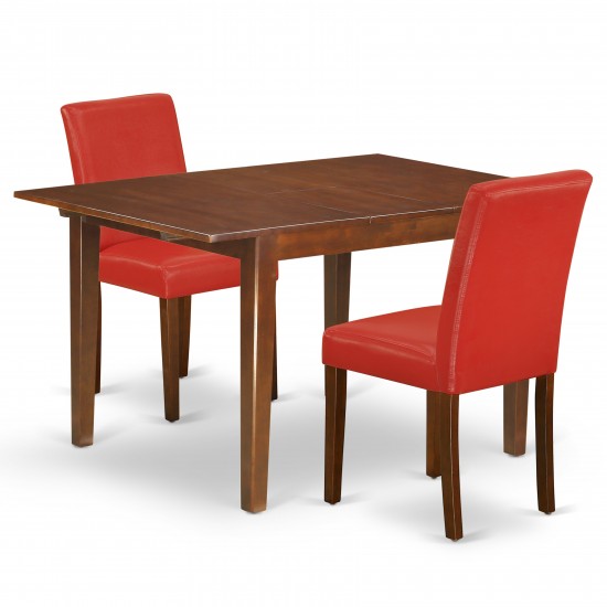 3Pc Rectangle 42/53.5" Dinette Table, 12 In Butterfly Leaf, Pair Of Parson Chair, Mahogany Leg, Pu Leather Color Firebrick Re