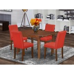 5Pc Rectangle 42/53.5" Dinette Table, 12 In Leaf, Four Parson Chair, Mahogany Leg, Pu Leather Color Firebrick Red