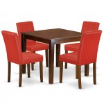 5Pc Square 36" Table, Four Parson Chair, Mahogany Leg, Pu Leather Color Firebrick Red