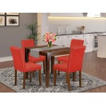 5Pc Square 36" Table, Four Parson Chair, Mahogany Leg, Pu Leather Color Firebrick Red