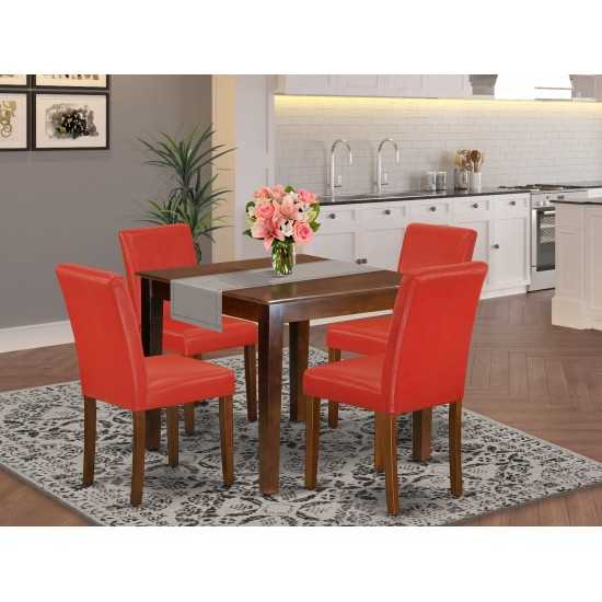 5Pc Square 36" Table, Four Parson Chair, Mahogany Leg, Pu Leather Color Firebrick Red