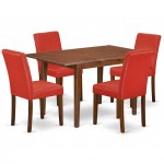 5Pc Rectangle 48/60" Kitchen Table, 12 In Butterfly Leaf, 4 Parson Chair, Mahogany Leg, Pu Leather Color Firebrick Red