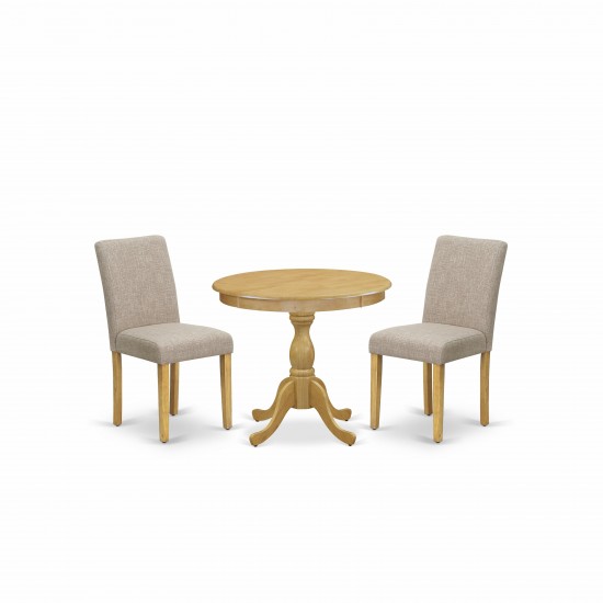 3 Pc Dining Set, 1 Wooden Table, 2 Light Tan Padded Chair, Oak