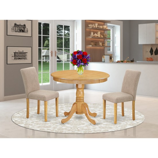 3Pc Rounded 36" Dinette Table, Two Parson Chair, Oak Leg, Fabric Light Fawn