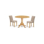 3Pc Round 42" Dining Table, Two 9-Inch Drop Leaves, 2 Parson Chair, Oak Leg, Light Fawn