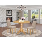 3Pc Round 42" Dining Table, Two 9-Inch Drop Leaves, 2 Parson Chair, Oak Leg, Light Fawn