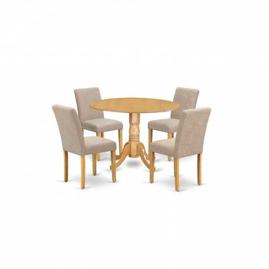 5Pc Round 42" Kitchen Table, Two 9-Inch Drop Leaves, Four Parson Chair, Oak Leg, Light Fawn