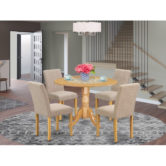 5Pc Round 42" Kitchen Table, Two 9-Inch Drop Leaves, Four Parson Chair, Oak Leg, Light Fawn