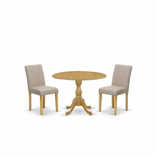 3 Pc Dining Set, Oak Small Table, 2 Light Tan Chairs, High Back, Oak Finish