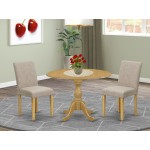 3 Pc Dining Set, Oak Small Table, 2 Light Tan Chairs, High Back, Oak Finish