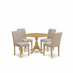 5 Pc Dining Set, Oak Wood Table, 4 Light Tan Chairs, High Back, Oak Finish