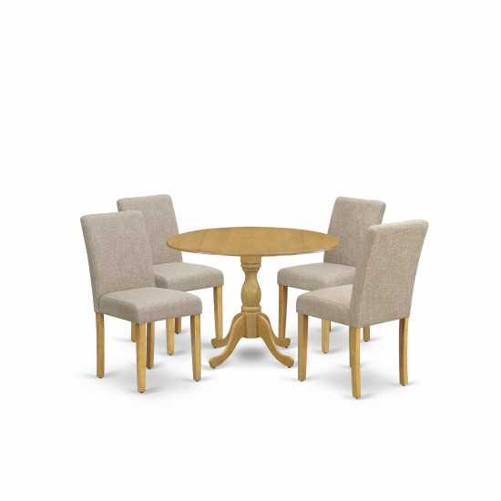 5 Pc Dining Set, Oak Wood Table, 4 Light Tan Chairs, High Back, Oak Finish