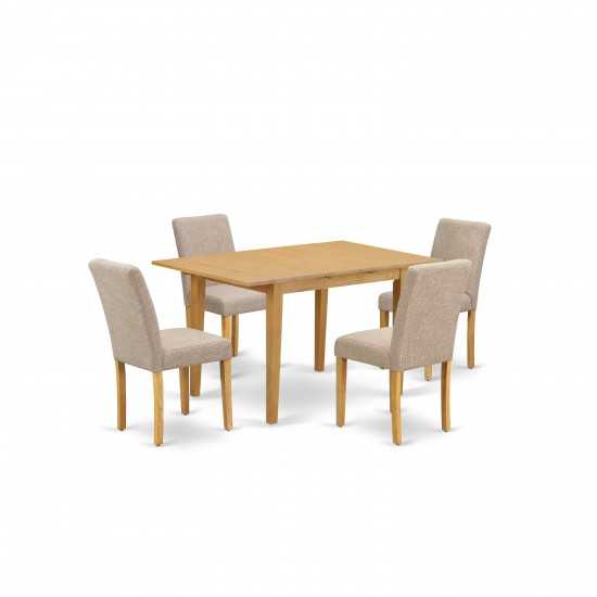 5Pc Rectangle 42/53.5" Dinette Table, 12 In Leaf, Four Parson Chair, Oak Leg, Light Fawn