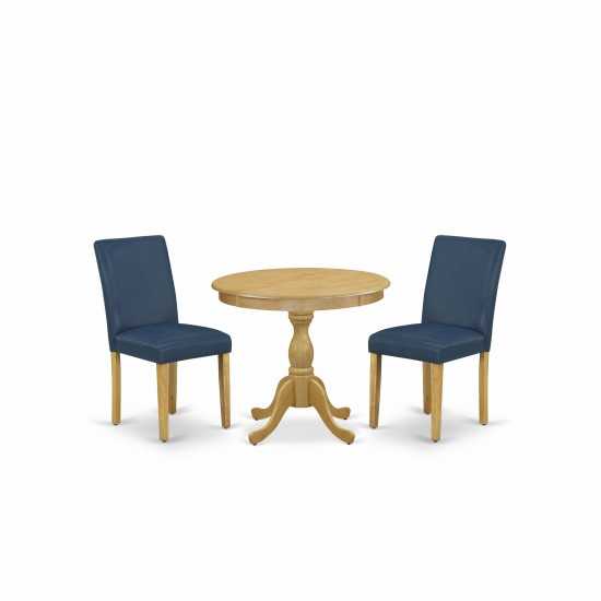 3 Pc Dining Set, 1 Wood Table, 2 Oasis Blue Pu Leather Chairs, High Back, Oak Finish