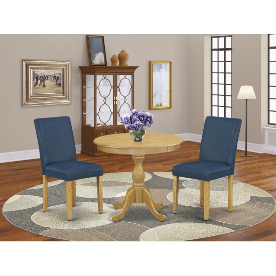 3 Pc Dining Set, 1 Wood Table, 2 Oasis Blue Pu Leather Chairs, High Back, Oak Finish